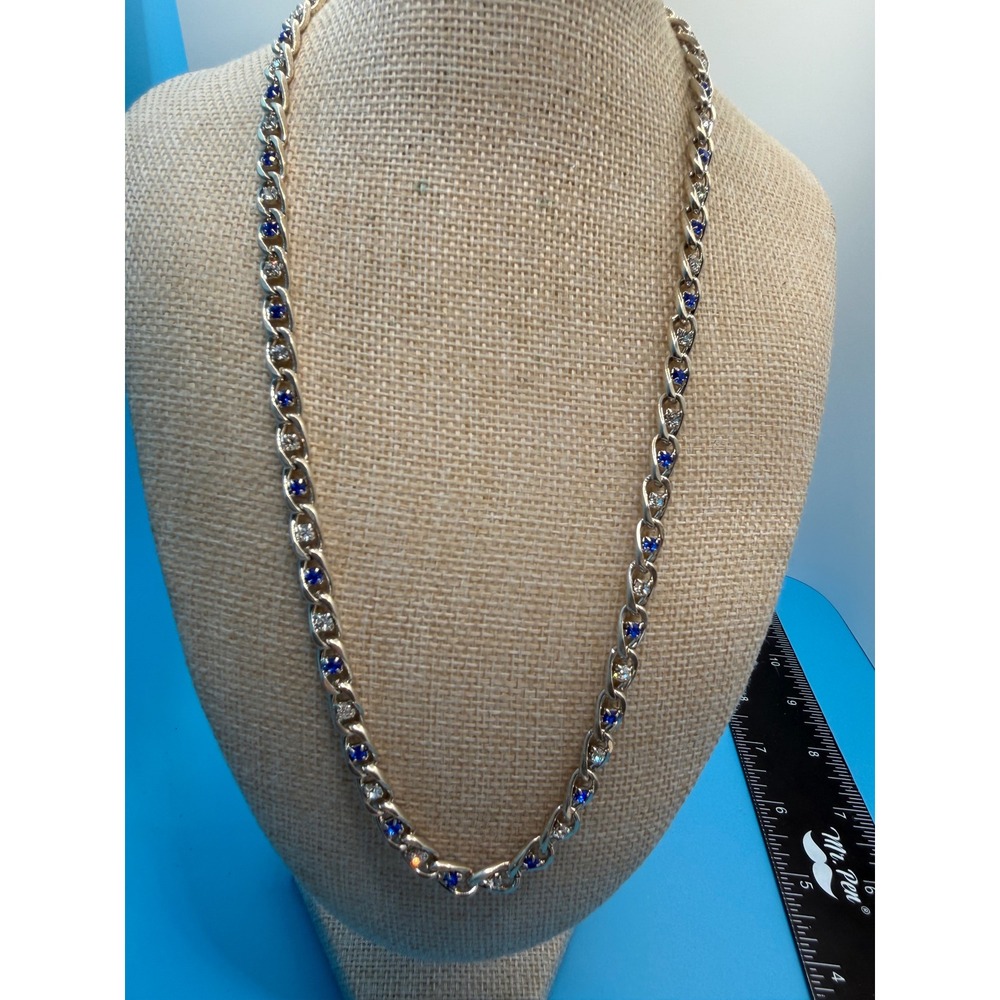 Vintage Silver Tone Blue and Clear Rhinestone Curb Chain Necklace 16 Inch